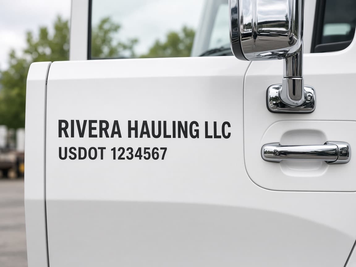 Truck door lettered with a company name and USDOT number